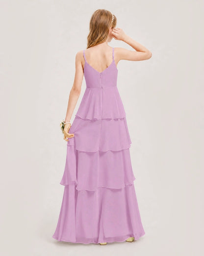 Lilac Junior Bridesmaid Dress Detachable Cape Tiered Chiffon Floor-Length Gown Back View