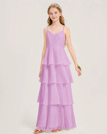Lilac Junior Bridesmaid Dress Detachable Cape Tiered Chiffon Floor-Length Gown Front View