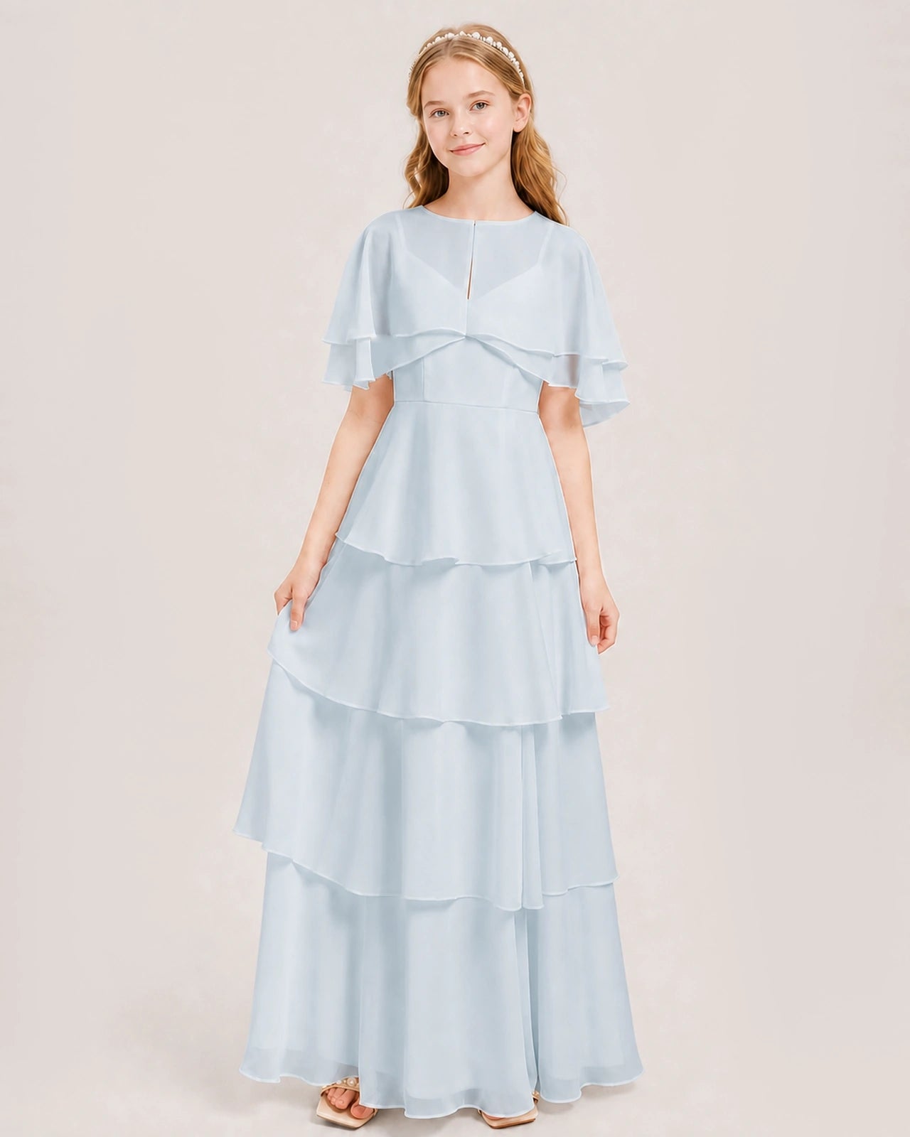 Mist Junior Bridesmaid Dress Detachable Cape Tiered Chiffon Floor-Length Gown Front View