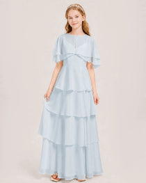 Mist Junior Bridesmaid Dress Detachable Cape Tiered Chiffon Floor-Length Gown Front View