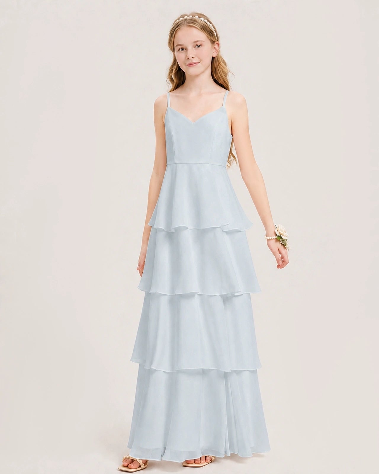 Mist Junior Bridesmaid Dress Detachable Cape Tiered Chiffon Floor-Length Gown Front View