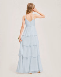 Mist Junior Bridesmaid Dress Detachable Cape Tiered Chiffon Floor-Length Gown Back View