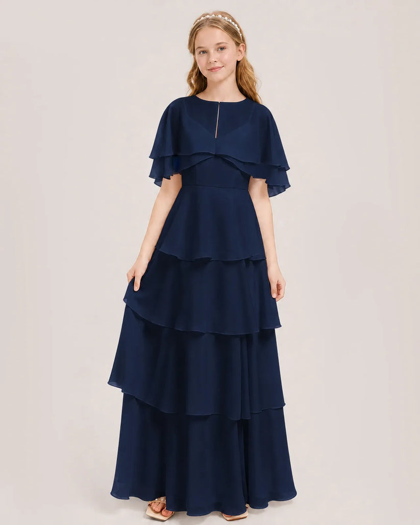 Navy Blue Chiffon A-line Junior Bridesmaid Dress Front View