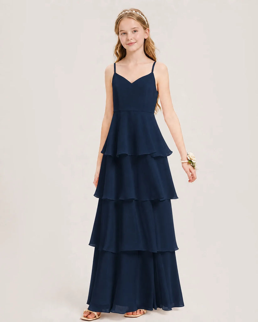 Navy Blue Chiffon Tiered A-line Junior Bridesmaid Dress Front View