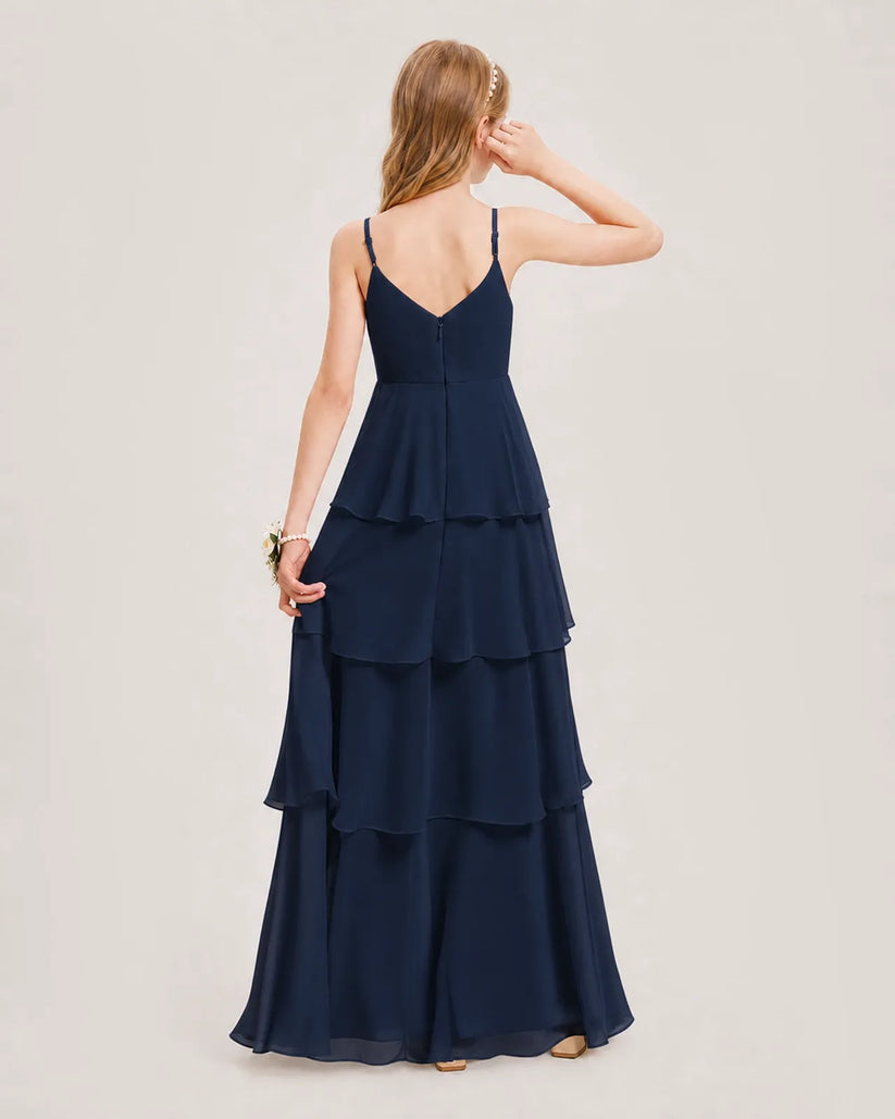 Navy Blue Chiffon A-line Junior Bridesmaid Dress Back View