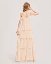 Peach Junior Bridesmaid Dress Detachable Cape Tiered Chiffon Floor-Length Gown Back View