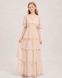 Peach Junior Bridesmaid Dress Detachable Cape Tiered Chiffon Floor-Length Gown Front View