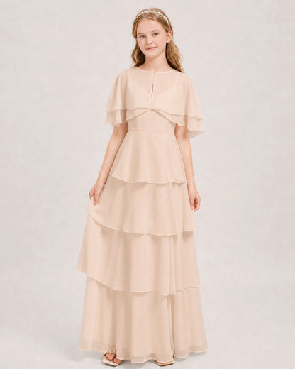 Peach Junior Bridesmaid Dress Detachable Cape Tiered Chiffon Floor-Length Gown Front View