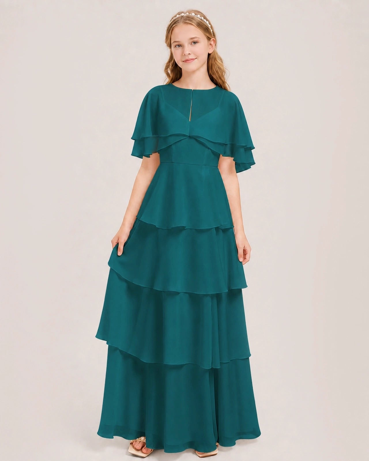 Peacock Junior Bridesmaid Dress Detachable Cape Tiered Chiffon Floor-Length Gown Front View