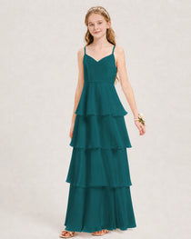 Peacock Junior Bridesmaid Dress Detachable Cape Tiered Chiffon Floor-Length Gown Front View