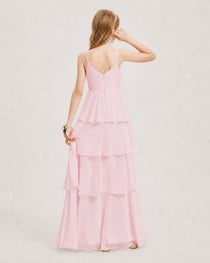 Pink Junior Bridesmaid Dress Detachable Cape Tiered Chiffon Floor-Length Gown Back View