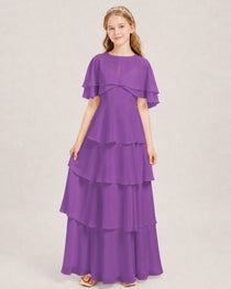 Purple Junior Bridesmaid Dress Detachable Cape Tiered Chiffon Floor-Length Gown Front View