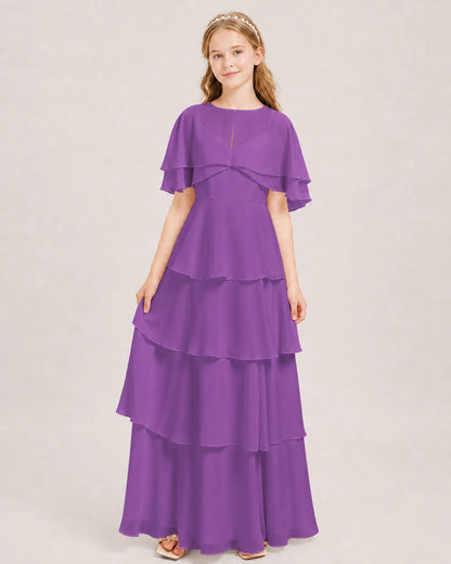 Purple Junior Bridesmaid Dress Detachable Cape Tiered Chiffon Floor-Length Gown Front View