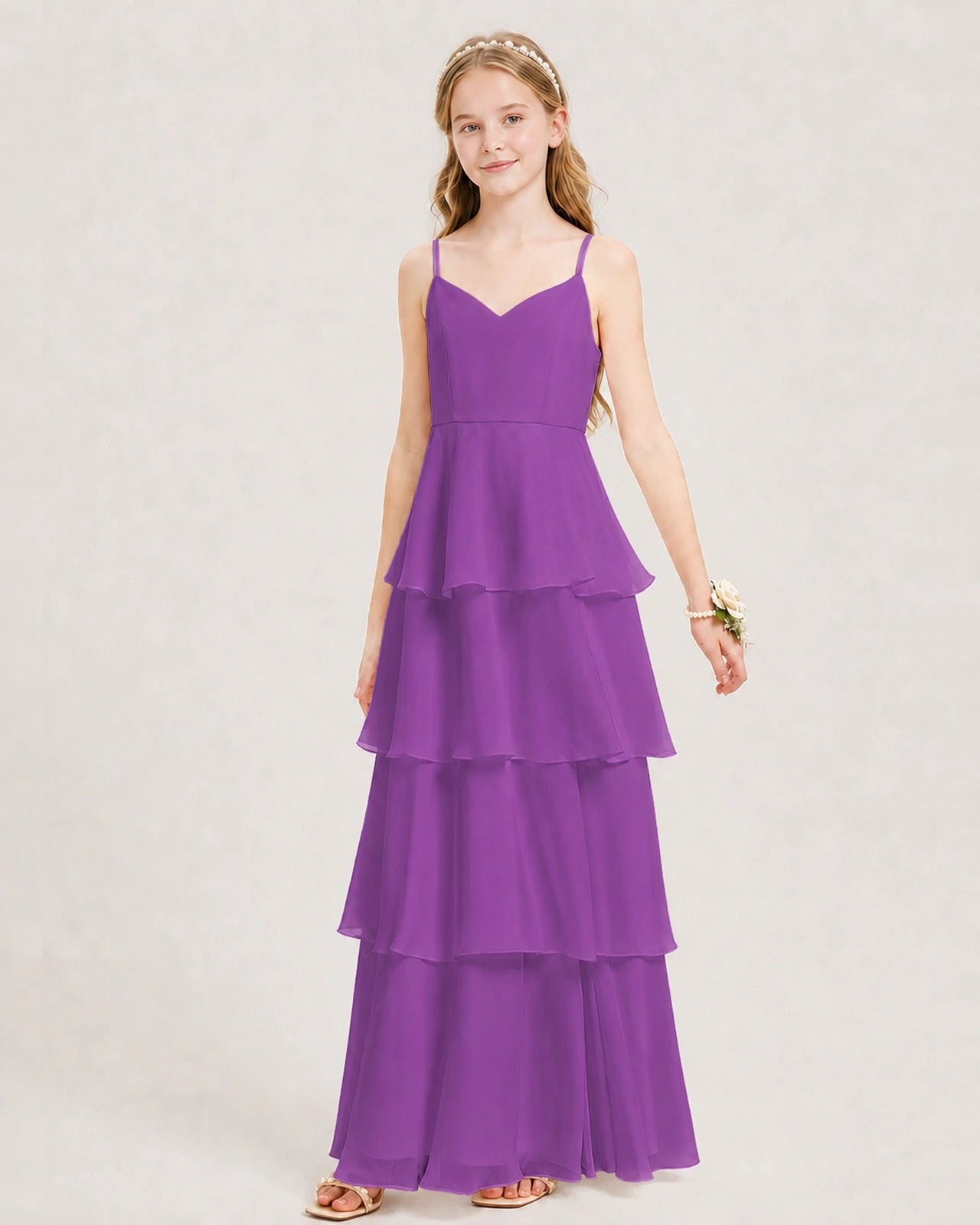 Purple Junior Bridesmaid Dress Detachable Cape Tiered Chiffon Floor-Length Gown Front View