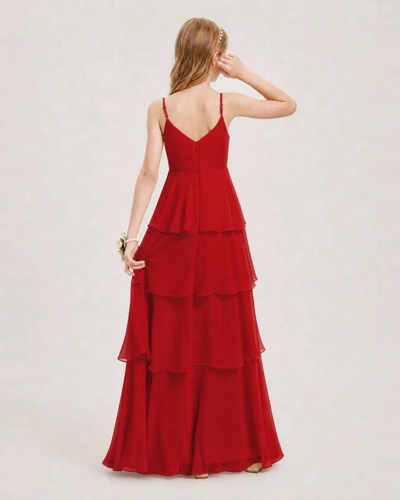 Red Chiffon Tiered A-line Junior Bridesmaid Dress Back View