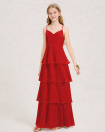 Red Junior Bridesmaid Dress Detachable Cape Tiered Chiffon Floor-Length Gown Front View