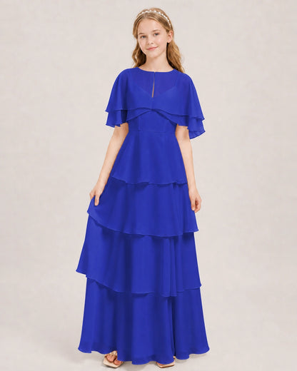 Royal Blue Junior Bridesmaid Dress Detachable Cape Tiered Chiffon Floor-Length Gown Front View