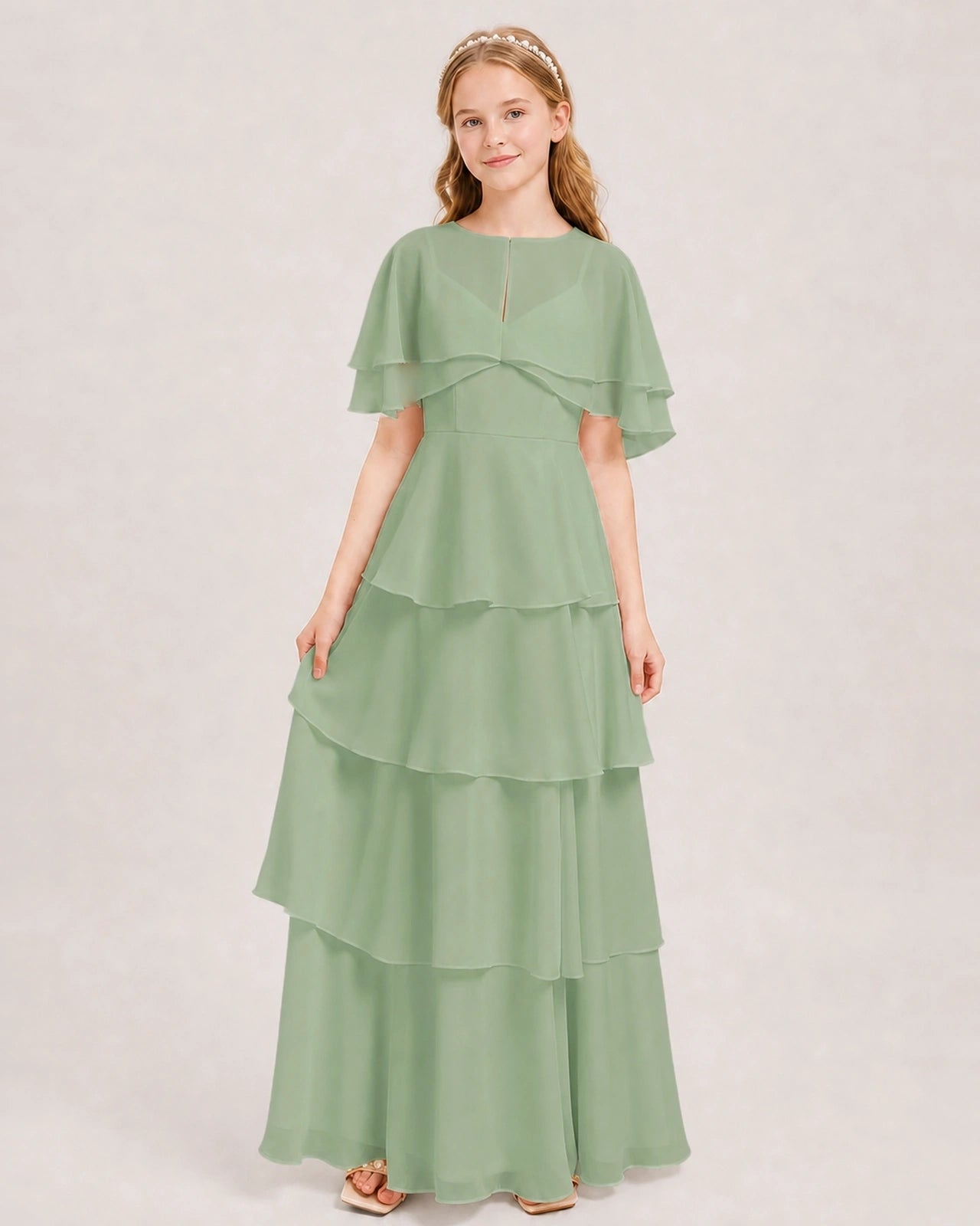 Sage Green Junior Bridesmaid Dress Detachable Cape Tiered Chiffon Floor-Length Gown Front View