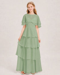 Sage Green Junior Bridesmaid Dress Detachable Cape Tiered Chiffon Floor-Length Gown Front View