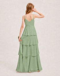 Sage Green Junior Bridesmaid Dress Detachable Cape Tiered Chiffon Floor-Length Gown Back View