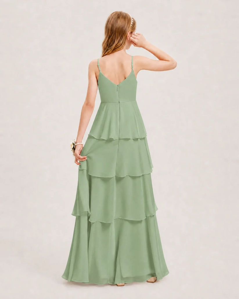 Sage Green Chiffon A-line Junior Bridesmaid Dress Back View