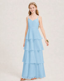 Sky Blue Junior Bridesmaid Dress Detachable Cape Tiered Chiffon Floor-Length Gown Front View