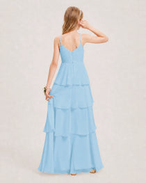 Sky Blue Junior Bridesmaid Dress Detachable Cape Tiered Chiffon Floor-Length Gown Back View