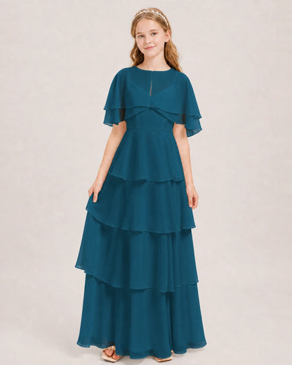 Teal Junior Bridesmaid Dress Detachable Cape Tiered Chiffon Floor-Length Gown Front View