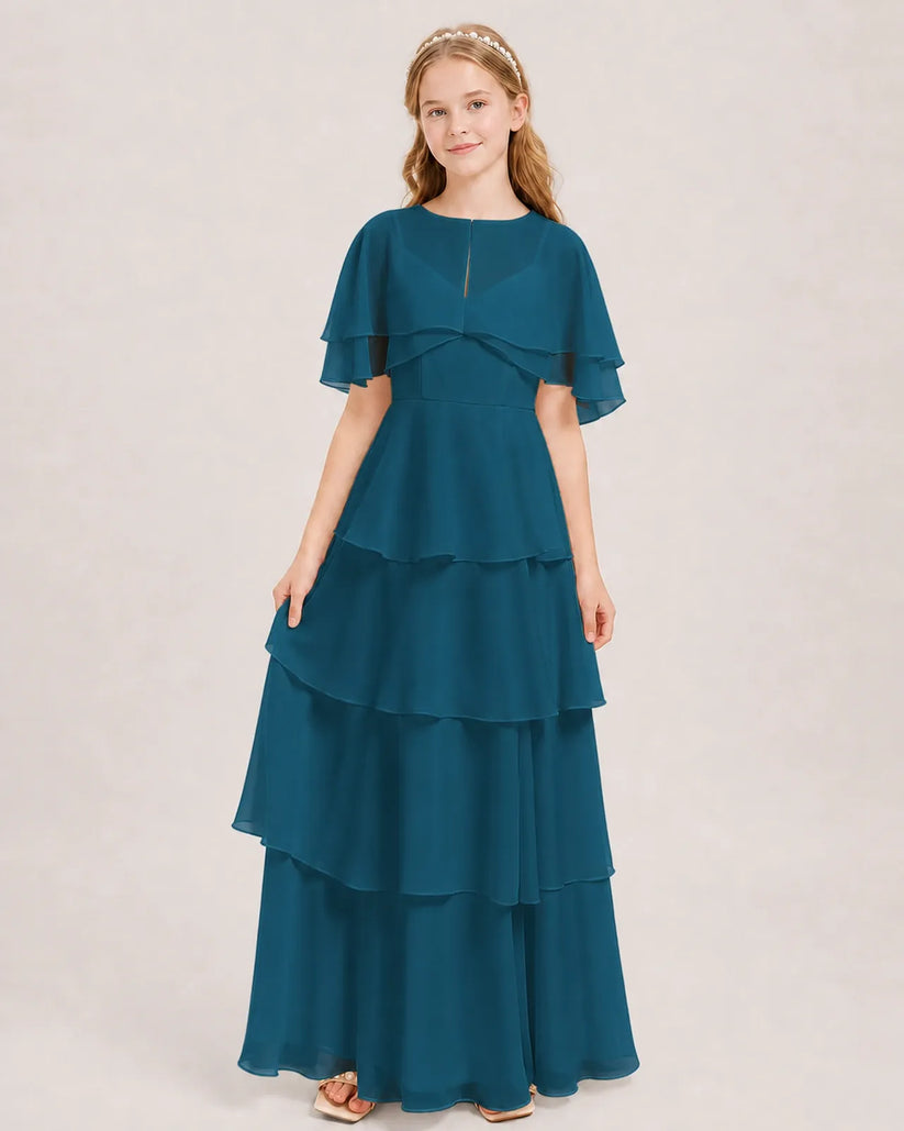 Teal Chiffon A-line Junior Bridesmaid Dress Front View