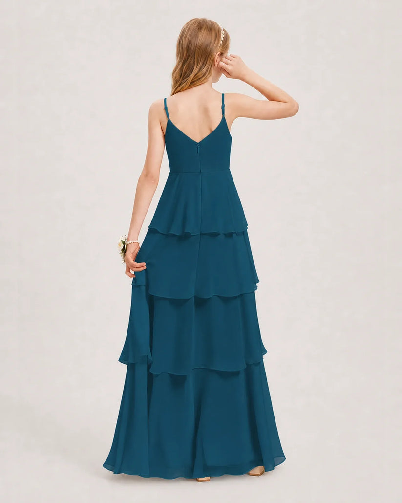 Teal Chiffon A-line Junior Bridesmaid Dress Back View
