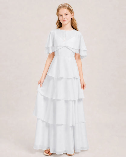 White Junior Bridesmaid Dress Detachable Cape Tiered Chiffon Floor-Length Gown Front View