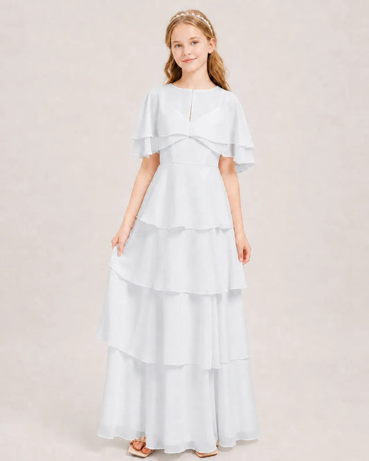 White Chiffon A-line Junior Bridesmaid Dress Front View