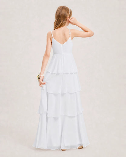White Junior Bridesmaid Dress Detachable Cape Tiered Chiffon Floor-Length Gown Back View