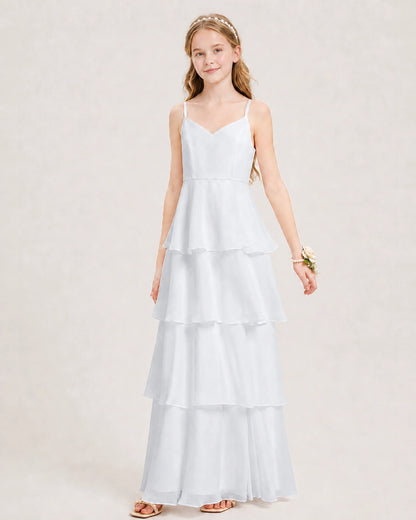 White Junior Bridesmaid Dress Detachable Cape Tiered Chiffon Floor-Length Gown Front View