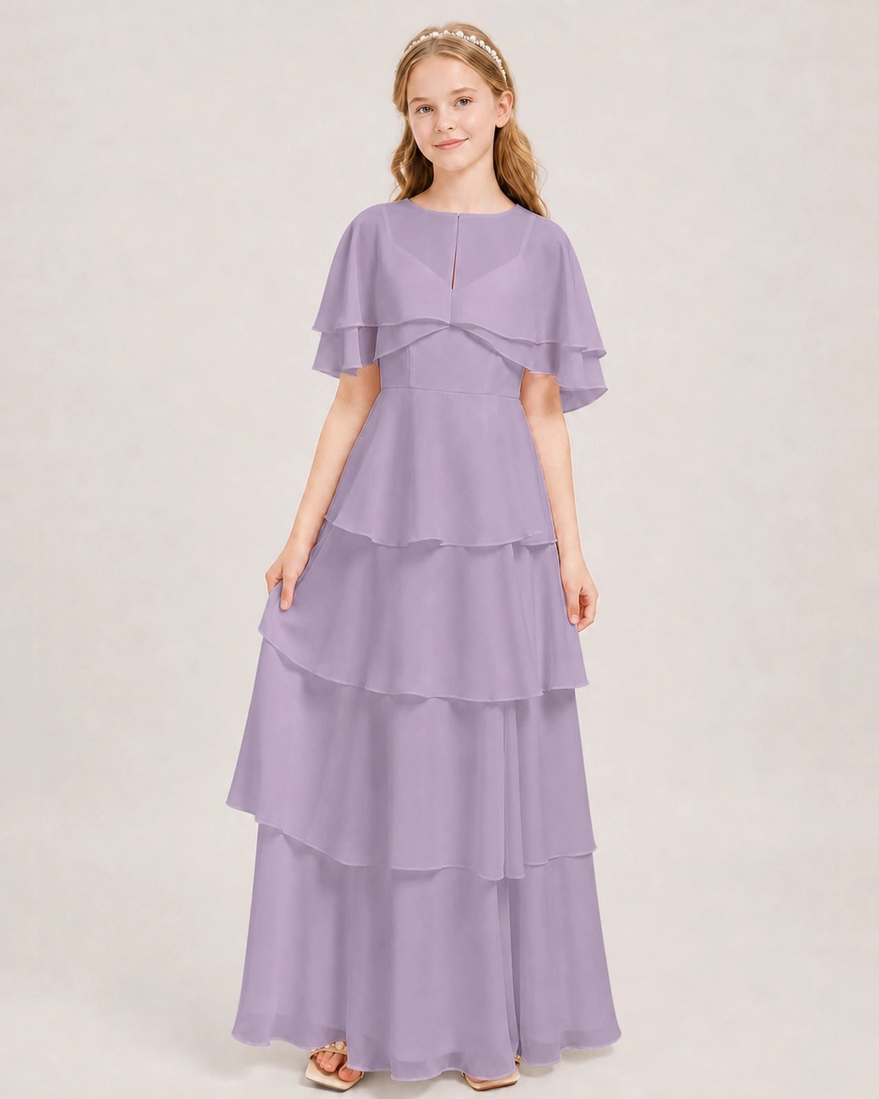 Wisteria Junior Bridesmaid Dress Detachable Cape Tiered Chiffon Floor-Length Gown Front View
