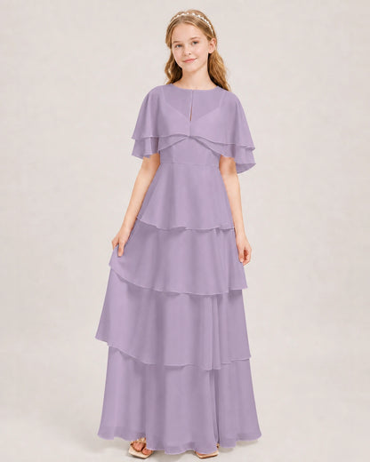 Wisteria Junior Bridesmaid Dress Detachable Cape Tiered Chiffon Floor-Length Gown Front View