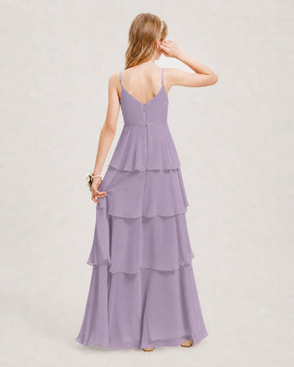 Wisteria Junior Bridesmaid Dress Detachable Cape Tiered Chiffon Floor-Length Gown Back View