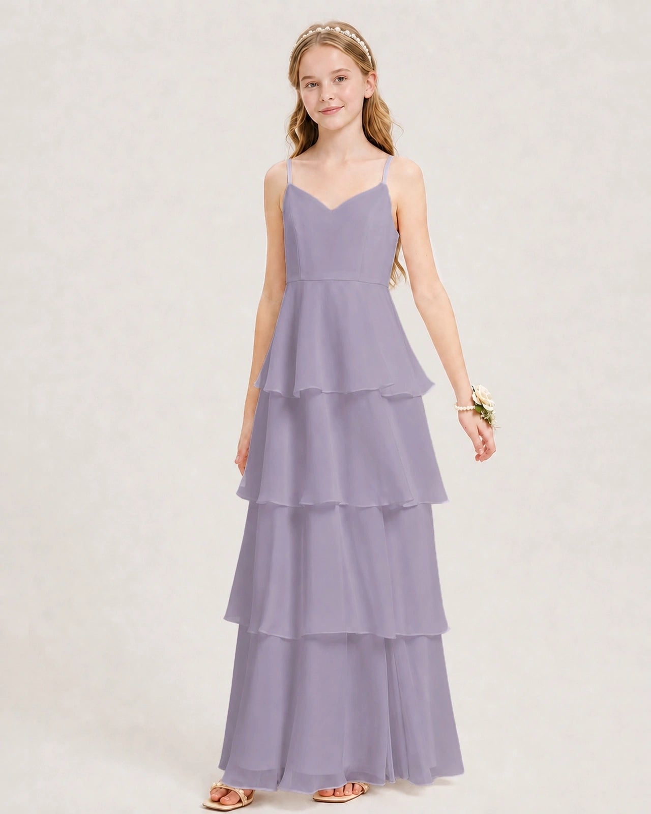 Wisteria Junior Bridesmaid Dress Detachable Cape Tiered Chiffon Floor-Length Gown Front View