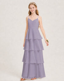 Wisteria Junior Bridesmaid Dress Detachable Cape Tiered Chiffon Floor-Length Gown Front View