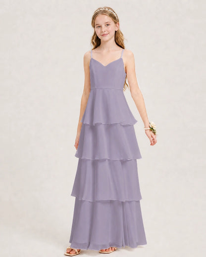 Wisteria Junior Bridesmaid Dress Detachable Cape Tiered Chiffon Floor-Length Gown Front View