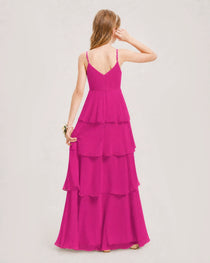 Hot Pink Junior Bridesmaid Dress Detachable Cape Tiered Chiffon Floor-Length Gown Back View
