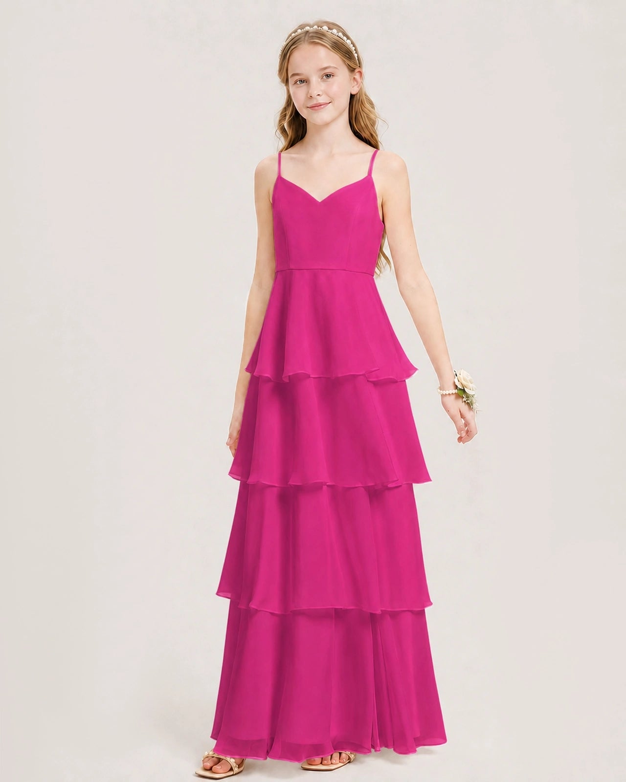 Hot Pink Junior Bridesmaid Dress Detachable Cape Tiered Chiffon Floor-Length Gown Front View