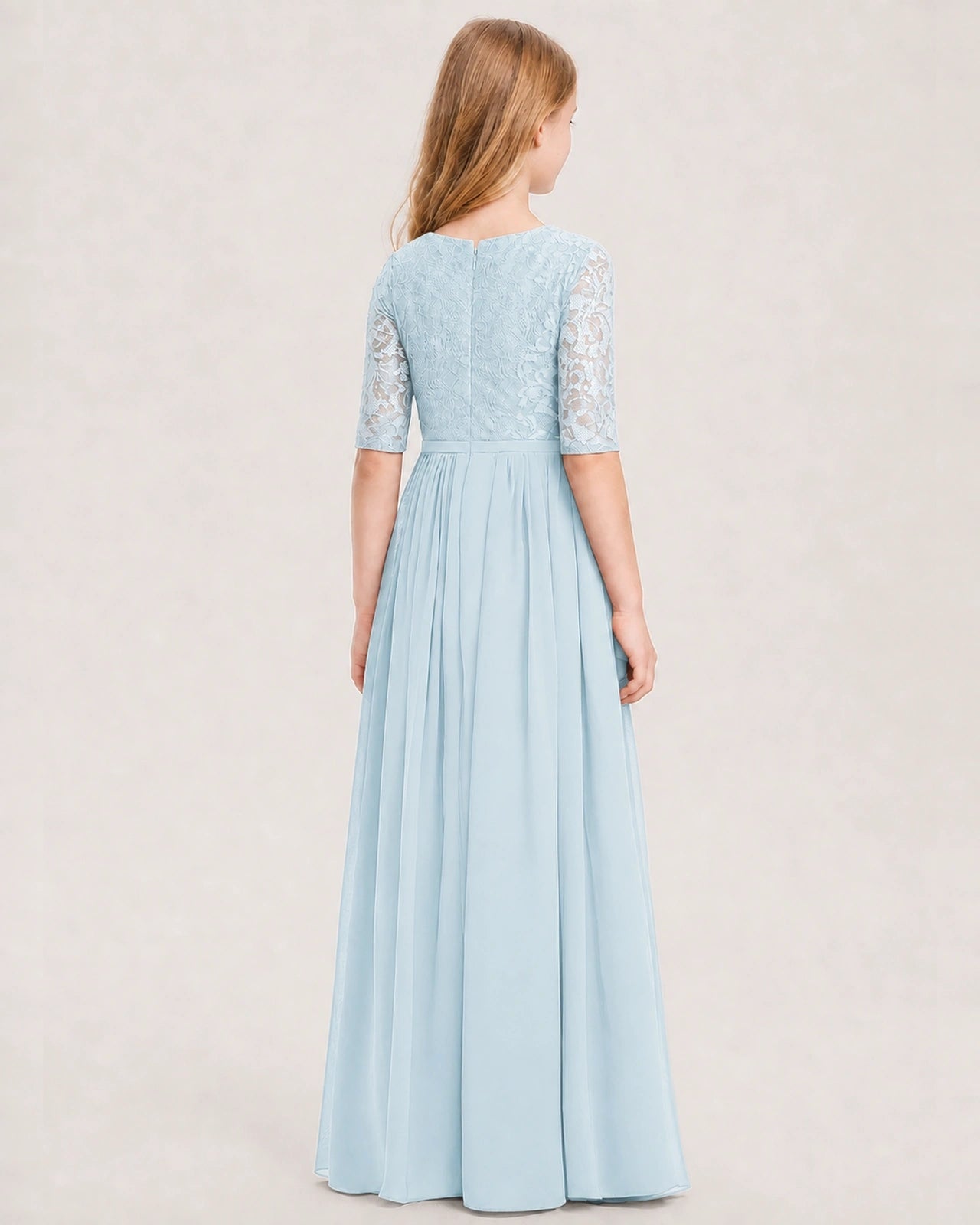 Baby Blue Junior Bridesmaid Dress  Sheer Lace Sleeve Chiffon Floor-Length Gown Back View
