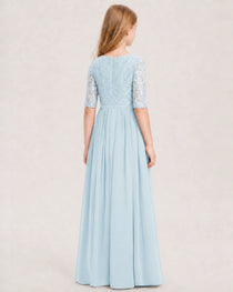 Baby Blue Junior Bridesmaid Dress  Sheer Lace Sleeve Chiffon Floor-Length Gown Back View