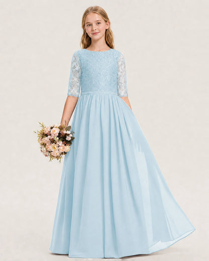 Baby Blue Junior Bridesmaid Dress  Sheer Lace Sleeve Chiffon Floor-Length Gown Front View