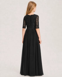 Black Junior Bridesmaid Dress  Sheer Lace Sleeve Chiffon Floor-Length Gown Back View