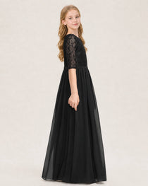 Black Junior Bridesmaid Dress  Sheer Lace Sleeve Chiffon Floor-Length Gown Side View