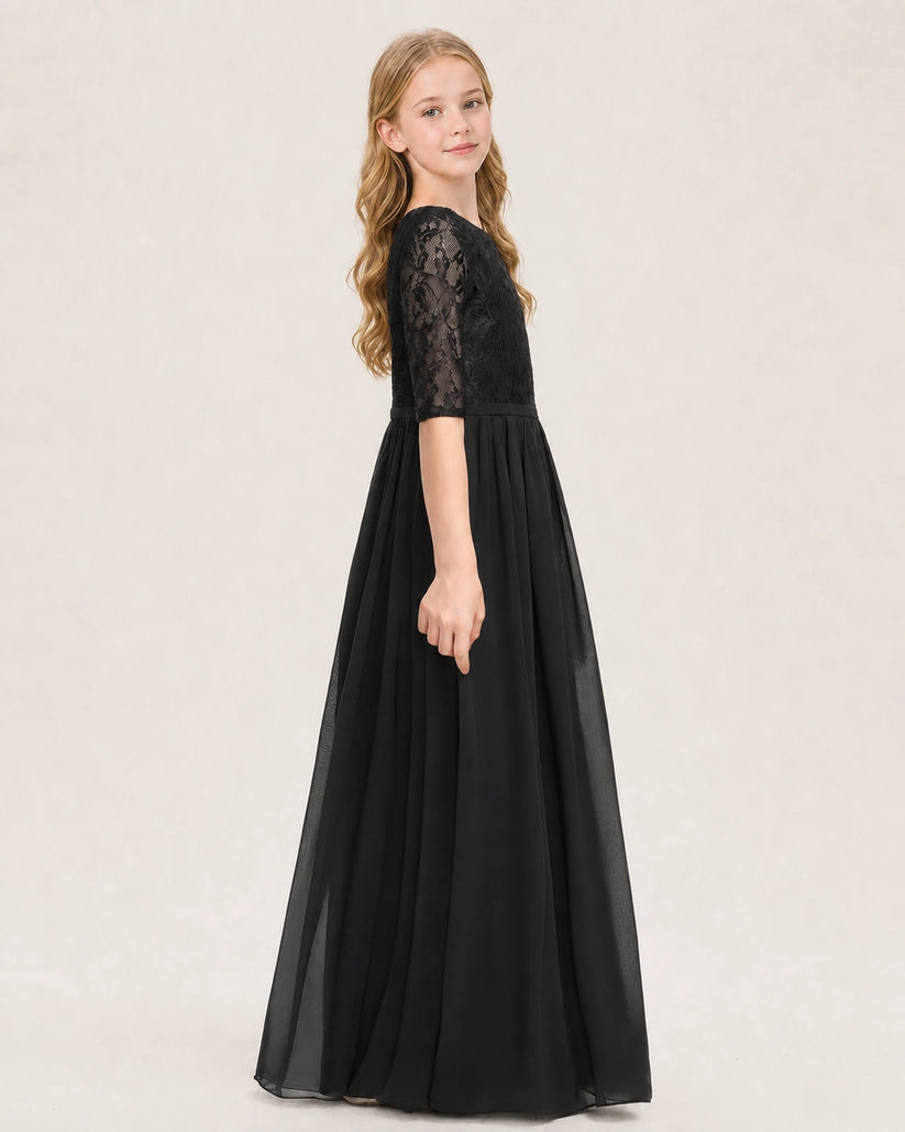 Black Chiffon A-line Junior Bridesmaid Dress Side View