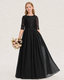 Black Junior Bridesmaid Dress  Sheer Lace Sleeve Chiffon Floor-Length Gown Front View