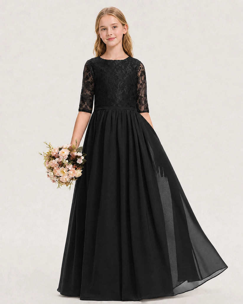 Black Lace Chiffon A-line Junior Bridesmaid Dress Front View